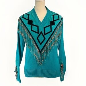 Vintage miller western fringe suede leather sweater turquoise blue s womens